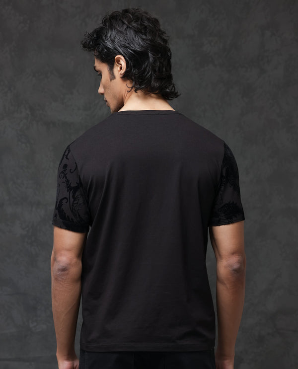Rare Rabbit Men's Ferris Black Cotton Lycra Half Sleeves Flock Paisley Print T-Shirt