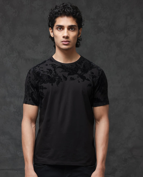 Rare Rabbit Men's Ferris Black Cotton Lycra Half Sleeves Flock Paisley Print T-Shirt