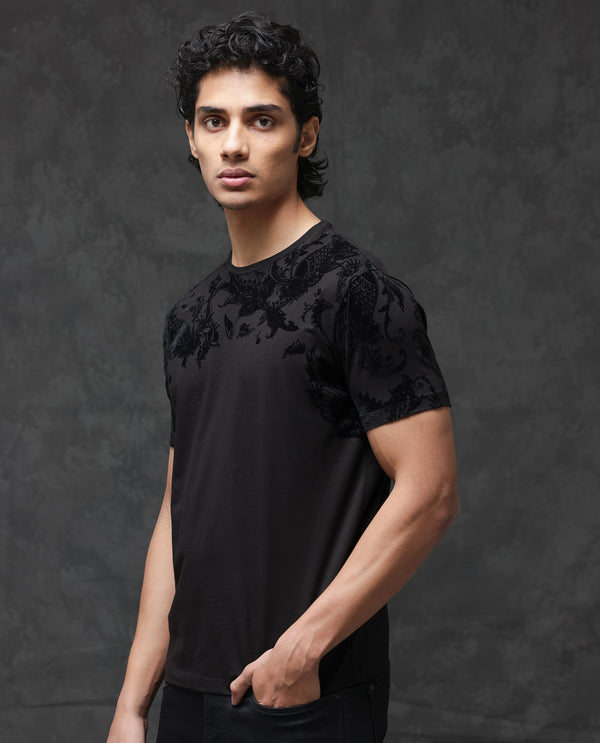 Rare Rabbit Men's Ferris Black Cotton Lycra Half Sleeves Flock Paisley Print T-Shirt