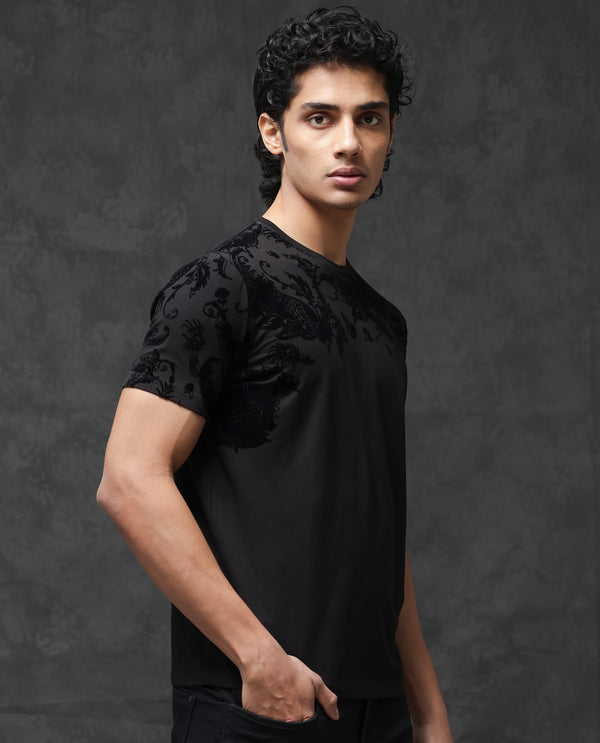 Rare Rabbit Men's Ferris Black Cotton Lycra Half Sleeves Flock Paisley Print T-Shirt