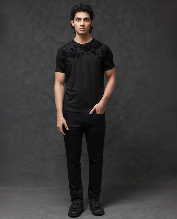 Rare Rabbit Men's Ferris Black Cotton Lycra Half Sleeves Flock Paisley Print T-Shirt