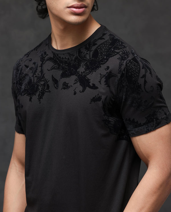 Rare Rabbit Men's Ferris Black Cotton Lycra Half Sleeves Flock Paisley Print T-Shirt