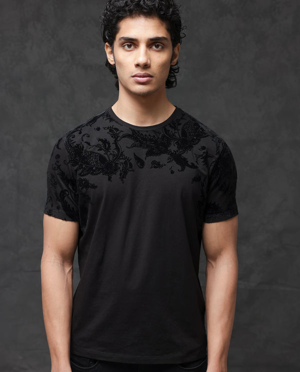 Rare Rabbit Men's Ferris Black Cotton Lycra Half Sleeves Flock Paisley Print T-Shirt