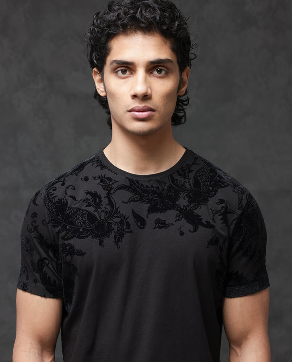 Rare Rabbit Men's Ferris Black Cotton Lycra Half Sleeves Flock Paisley Print T-Shirt