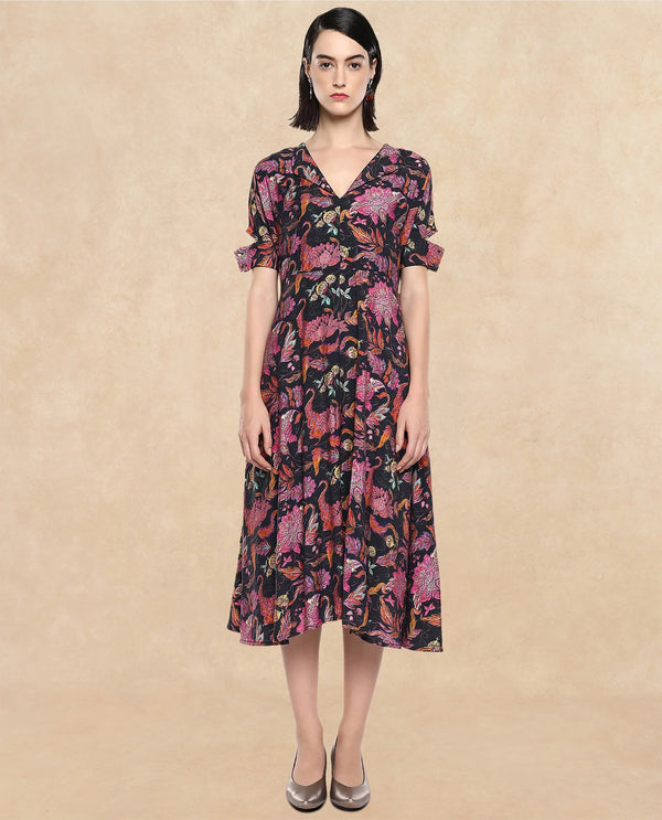 Rareism Women Fertash Dark Multi Nylon Viscose Fabric Cut Away Sleeve Collared Neck A-Line Midi Abstract Print Dress