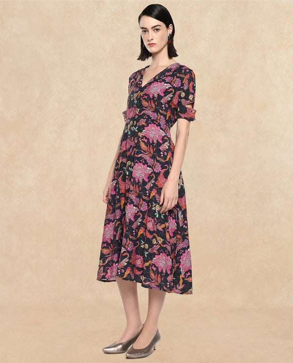 Rareism Women Fertash Dark Multi Nylon Viscose Fabric Cut Away Sleeve Collared Neck A-Line Midi Abstract Print Dress