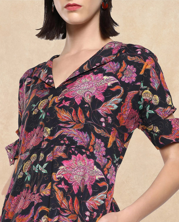 Rareism Women Fertash Dark Multi Nylon Viscose Fabric Cut Away Sleeve Collared Neck A-Line Midi Abstract Print Dress