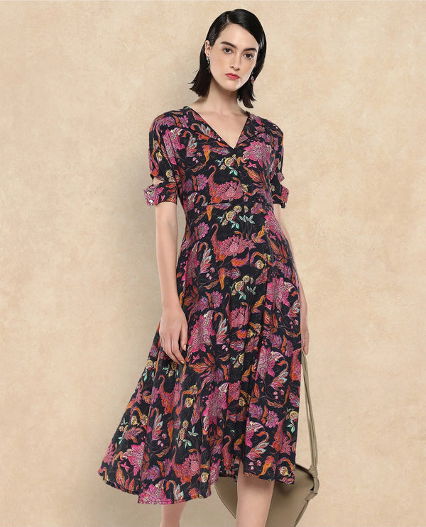 Rareism Women Fertash Dark Multi Nylon Viscose Fabric Cut Away Sleeve Collared Neck A-Line Midi Abstract Print Dress