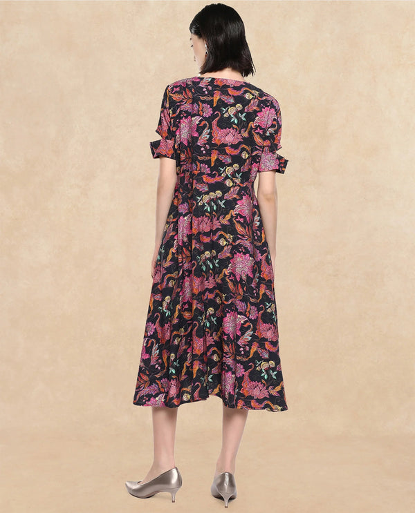 Rareism Women Fertash Dark Multi Nylon Viscose Fabric Cut Away Sleeve Collared Neck A-Line Midi Abstract Print Dress