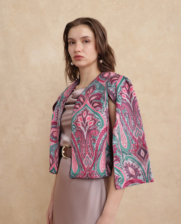 Rareism Women Fewdy Multi Velvet Regular Sleeves Collarless Cropped Paisley Print Jacket