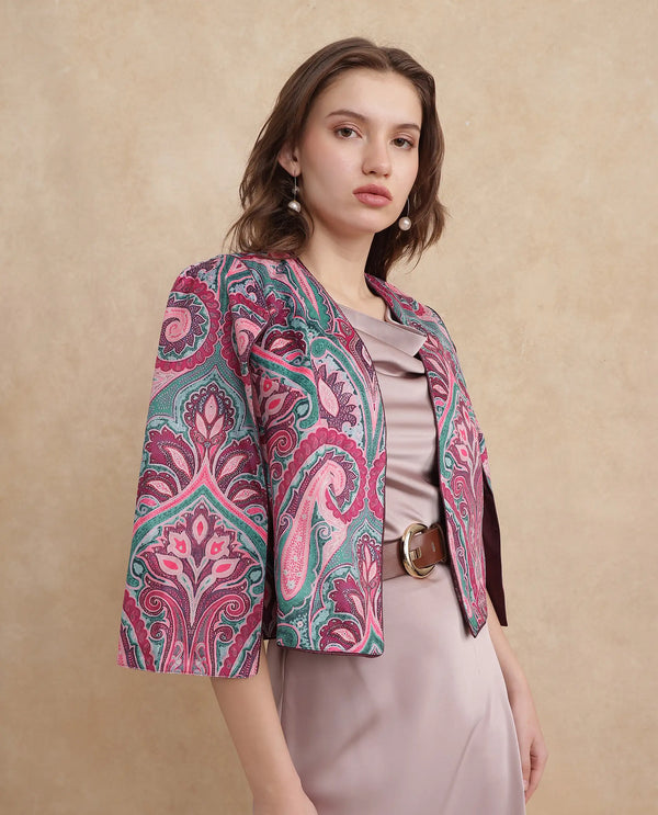 Rareism Women Fewdy Multi Velvet Regular Sleeves Collarless Cropped Paisley Print Jacket