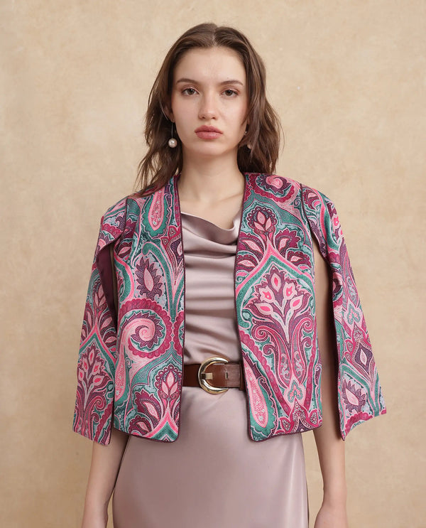 Rareism Women Fewdy Multi Velvet Regular Sleeves Collarless Cropped Paisley Print Jacket