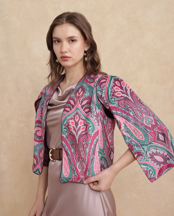 Rareism Women Fewdy Multi Velvet Regular Sleeves Collarless Cropped Paisley Print Jacket