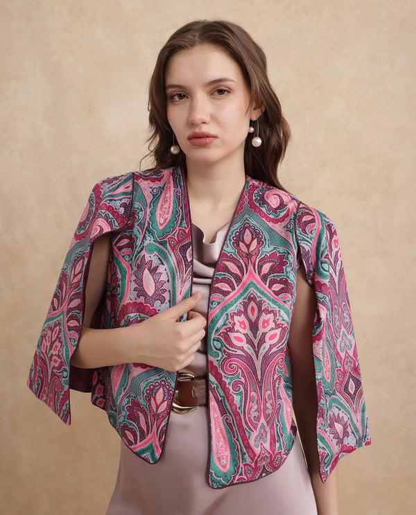 Rareism Women Fewdy Multi Velvet Regular Sleeves Collarless Cropped Paisley Print Jacket