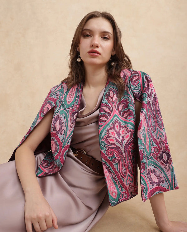 Rareism Women Fewdy Multi Velvet Regular Sleeves Collarless Cropped Paisley Print Jacket
