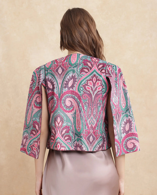 Rareism Women Fewdy Multi Velvet Regular Sleeves Collarless Cropped Paisley Print Jacket