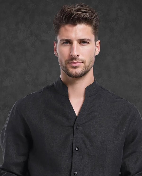 Rare Rabbit Men Fig Black Full Sleeve Mandarin Collar Button Closure Regular Fit Solid Linen Shirt