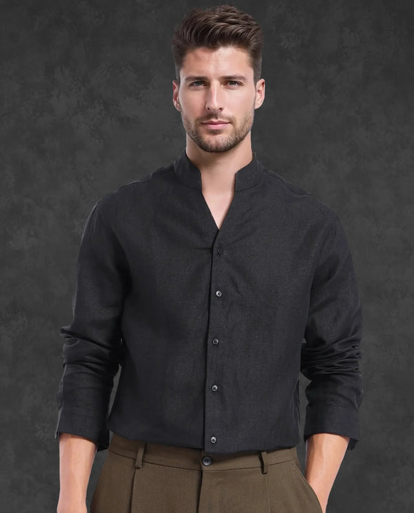 Rare Rabbit Men Fig Black Full Sleeve Mandarin Collar Button Closure Regular Fit Solid Linen Shirt
