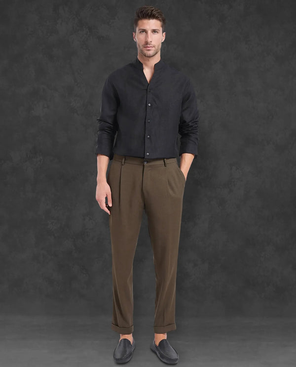 Rare Rabbit Men Fig Black Full Sleeve Mandarin Collar Button Closure Regular Fit Solid Linen Shirt