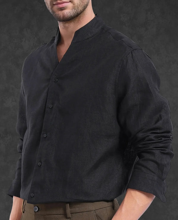 Rare Rabbit Men Fig Black Full Sleeve Mandarin Collar Button Closure Regular Fit Solid Linen Shirt
