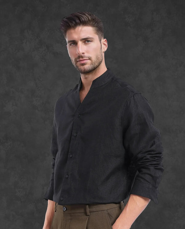 Rare Rabbit Men Fig Black Full Sleeve Mandarin Collar Button Closure Regular Fit Solid Linen Shirt