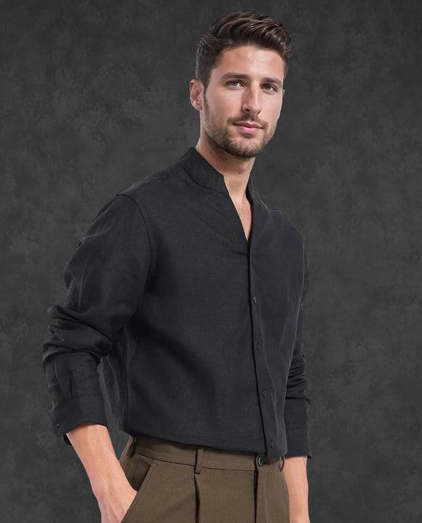 Rare Rabbit Men Fig Black Full Sleeve Mandarin Collar Button Closure Regular Fit Solid Linen Shirt
