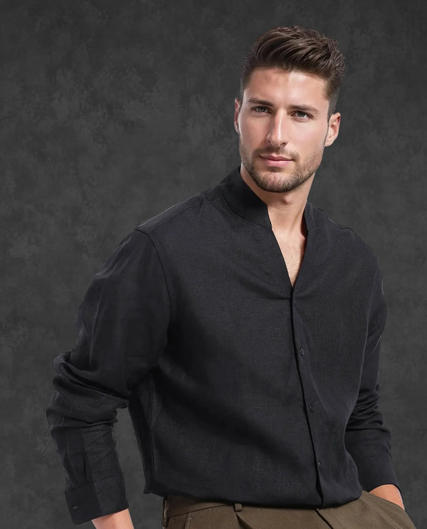 Rare Rabbit Men Fig Black Full Sleeve Mandarin Collar Button Closure Regular Fit Solid Linen Shirt