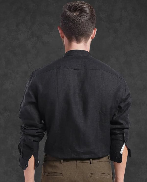 Rare Rabbit Men Fig Black Full Sleeve Mandarin Collar Button Closure Regular Fit Solid Linen Shirt