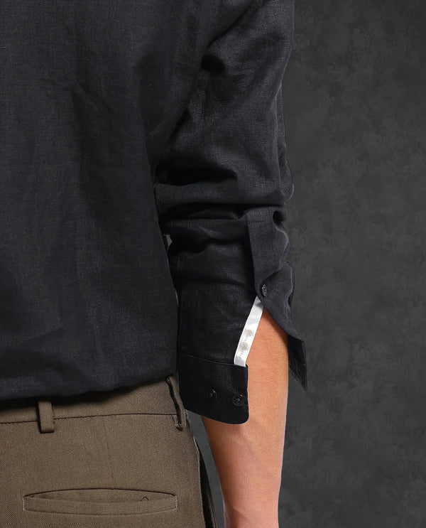 Rare Rabbit Men Fig Black Full Sleeve Mandarin Collar Button Closure Regular Fit Solid Linen Shirt