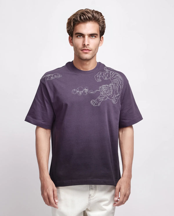 Rare Rabbit Men Fig Dark Purple Cotton Fabric Short Sleeve Crew Neck Slip-On Oversized Fit Embroidered T-Shirt
