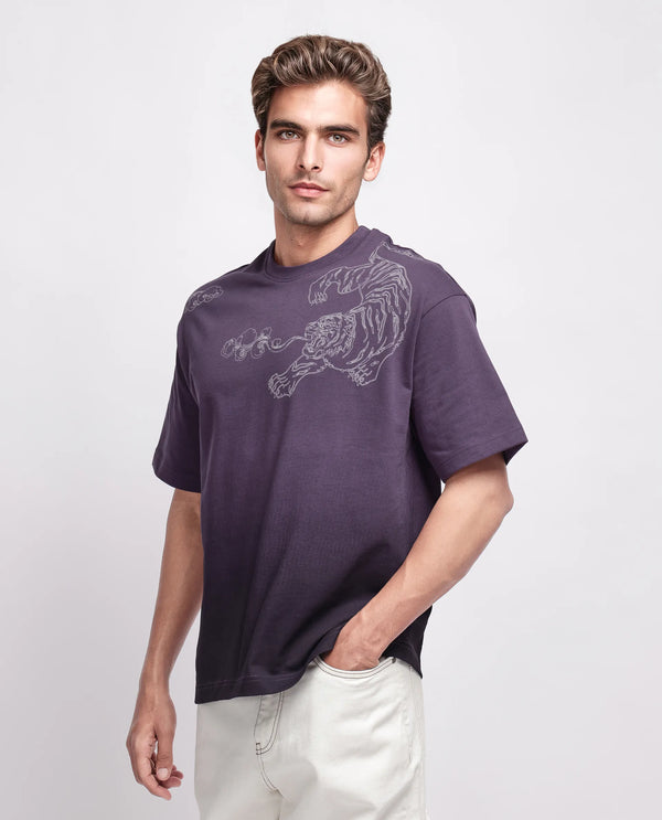 Rare Rabbit Men Fig Dark Purple Cotton Fabric Short Sleeve Crew Neck Slip-On Oversized Fit Embroidered T-Shirt