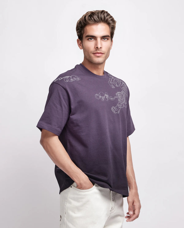 Rare Rabbit Men Fig Dark Purple Cotton Fabric Short Sleeve Crew Neck Slip-On Oversized Fit Embroidered T-Shirt