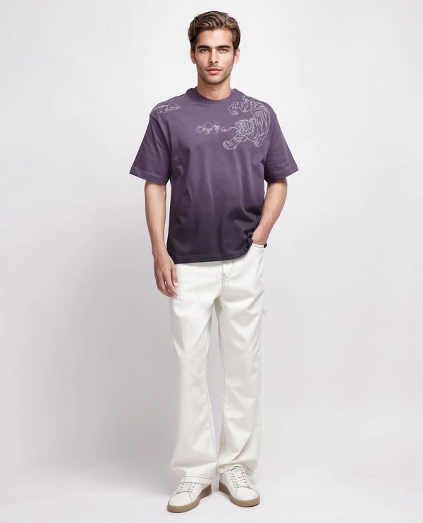 Rare Rabbit Men Fig Dark Purple Cotton Fabric Short Sleeve Crew Neck Slip-On Oversized Fit Embroidered T-Shirt