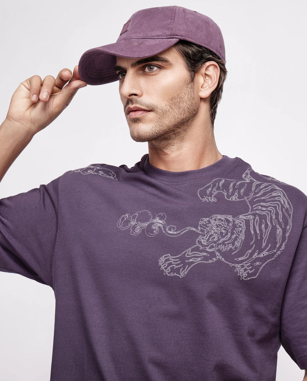 Rare Rabbit Men Fig Dark Purple Cotton Fabric Short Sleeve Crew Neck Slip-On Oversized Fit Embroidered T-Shirt