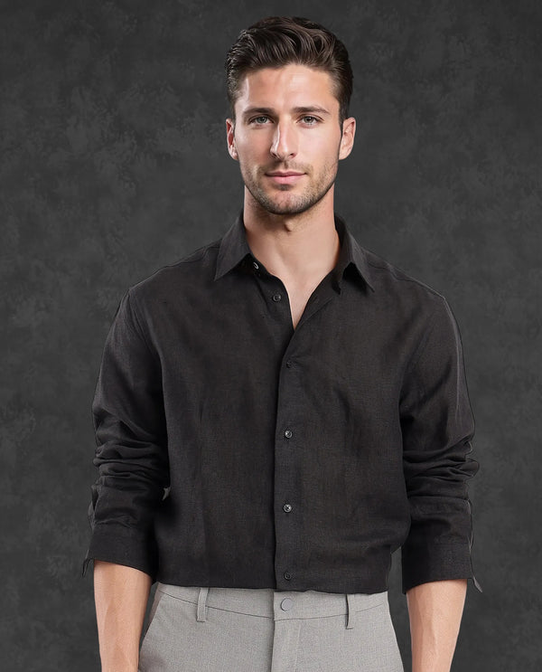 Rare Rabbit Men Fign Black Fabric Full Sleeve Regular Collar Button Closure Regular Fit Solid Linen Shirt