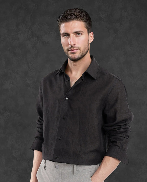 Rare Rabbit Men Fign Black Fabric Full Sleeve Regular Collar Button Closure Regular Fit Solid Linen Shirt