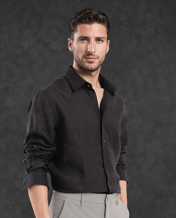 Rare Rabbit Men Fign Black Fabric Full Sleeve Regular Collar Button Closure Regular Fit Solid Linen Shirt