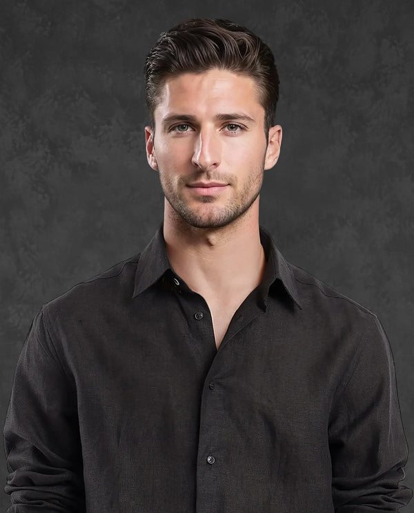 Rare Rabbit Men Fign Black Fabric Full Sleeve Regular Collar Button Closure Regular Fit Solid Linen Shirt