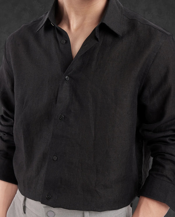 Rare Rabbit Men Fign Black Fabric Full Sleeve Regular Collar Button Closure Regular Fit Solid Linen Shirt