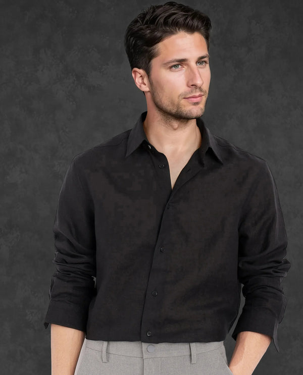 Rare Rabbit Men Fign Black Fabric Full Sleeve Regular Collar Button Closure Regular Fit Solid Linen Shirt
