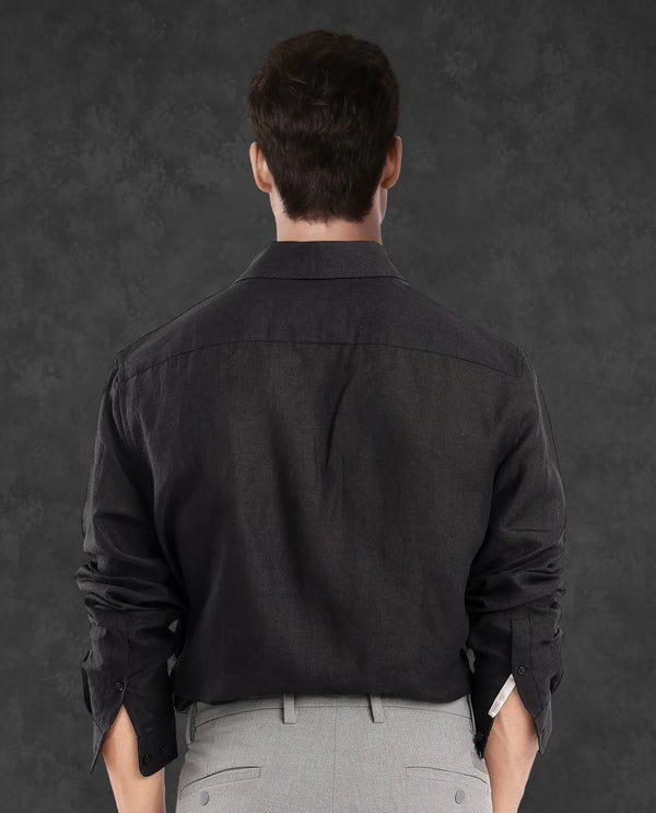 Rare Rabbit Men Fign Black Fabric Full Sleeve Regular Collar Button Closure Regular Fit Solid Linen Shirt