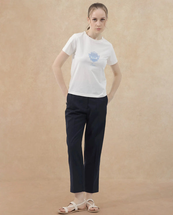 Rareism Women Fila Off White Cotton Elastane Fabric Crew Neck Knit Solid T-Shirt