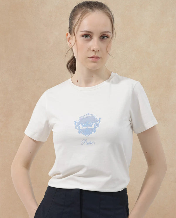Rareism Women Fila Off White Cotton Elastane Fabric Crew Neck Knit Solid T-Shirt