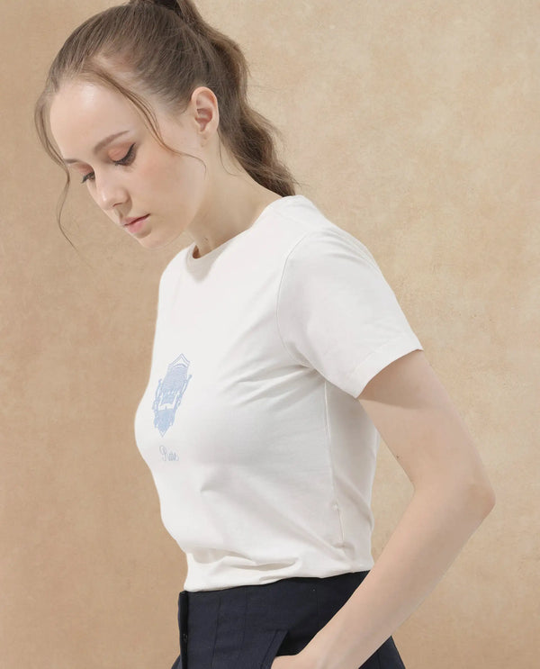 Rareism Women Fila Off White Cotton Elastane Fabric Crew Neck Knit Solid T-Shirt