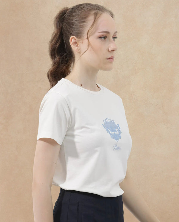 Rareism Women Fila Off White Cotton Elastane Fabric Crew Neck Knit Solid T-Shirt