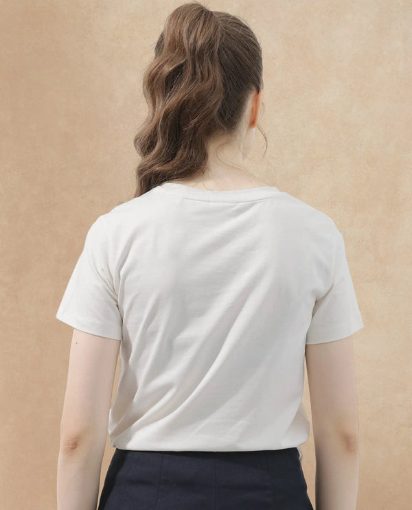 Rareism Women Fila Off White Cotton Elastane Fabric Crew Neck Knit Solid T-Shirt