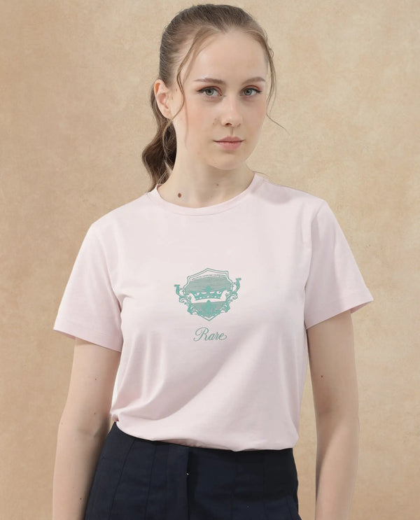 Rareism Women Fila Pastel Pink Cotton Elastane Fabric Crew Neck Knit Solid T-Shirt
