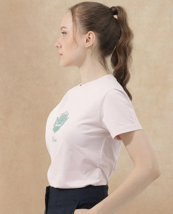 Rareism Women Fila Pastel Pink Cotton Elastane Fabric Crew Neck Knit Solid T-Shirt
