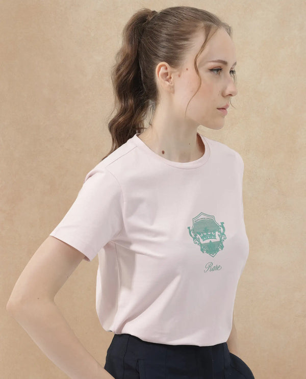 Rareism Women Fila Pastel Pink Cotton Elastane Fabric Crew Neck Knit Solid T-Shirt