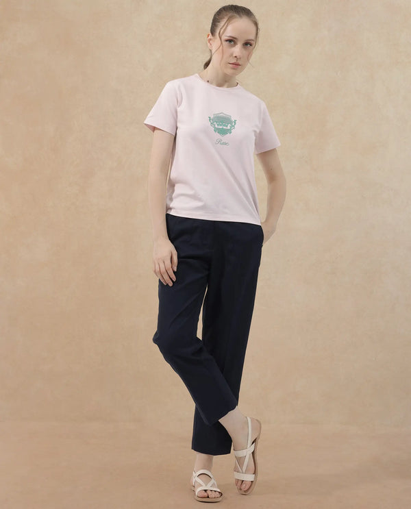 Rareism Women Fila Pastel Pink Cotton Elastane Fabric Crew Neck Knit Solid T-Shirt